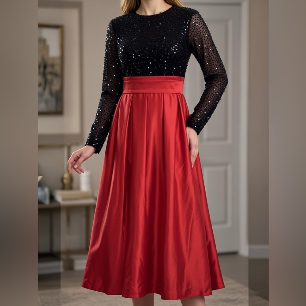 AO YAN Black Red Maxi Dress Long Sleeve Sequined Satin Christmas Holiday C27